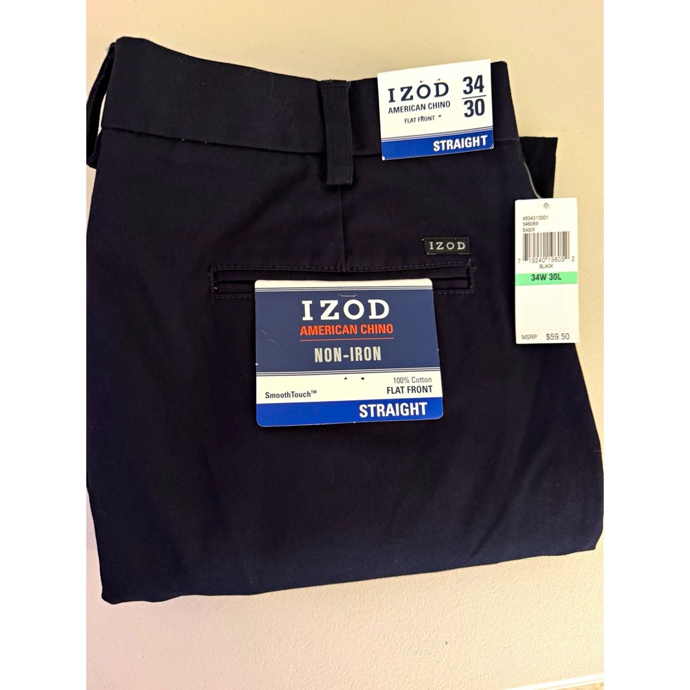 NWT IZOD American Chino Men's 34 Black Cotton Twill Non-Iron Flat Front Straight